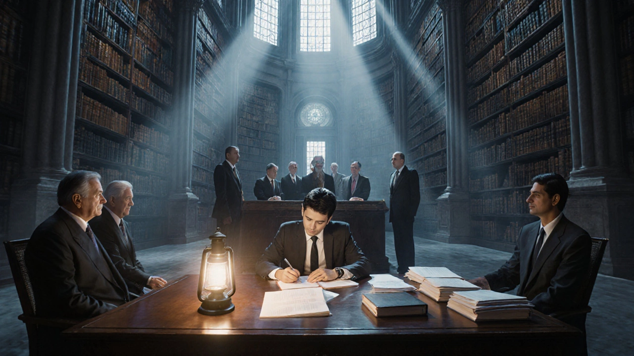 A determined IAS hopeful writing at a library table while senior officials observe, lit by dramatic light.