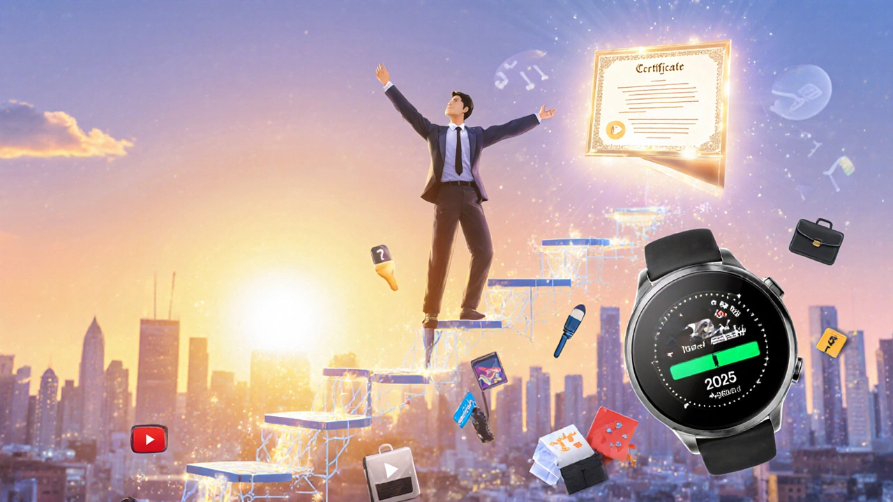 Adult climbing a digital staircase of learning icons toward a glowing certificate at sunrise.