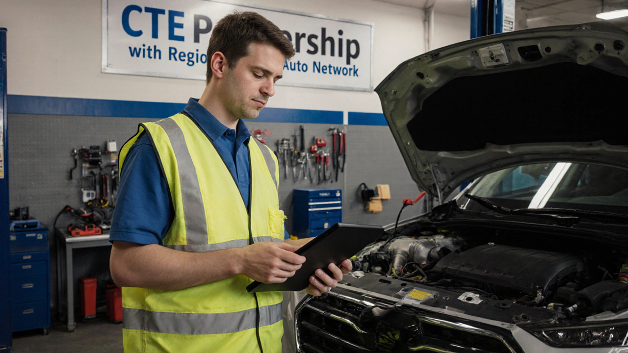 Adult learner training on an electric vehicle at a dealership with CTE partnership sign.