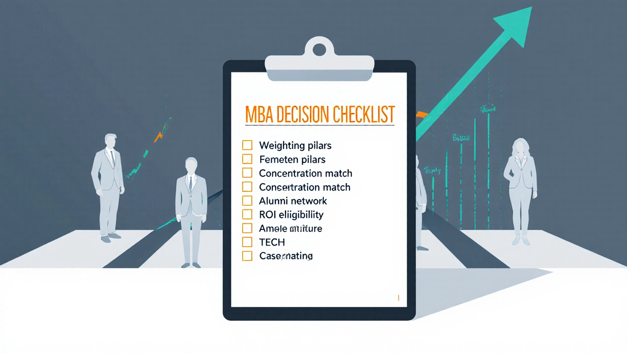 Clipboard checklist for MBA selection with a silhouette at a crossroads and a rising ROI graph.