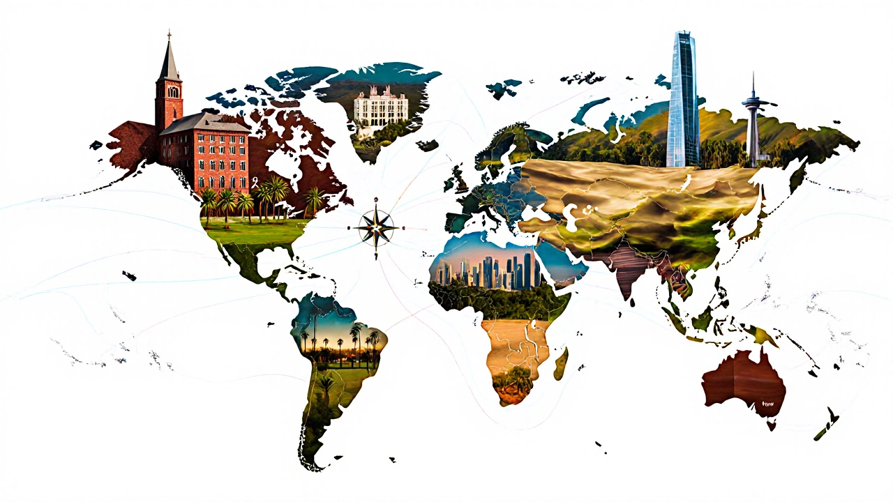 Collage illustration of Harvard, Stanford, INSEAD, London Business School, and Melbourne campuses on a world map.