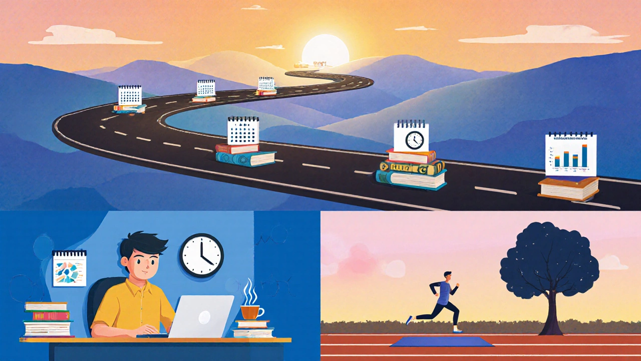 Collage of a timeline road, focused study area, and fitness activities showing a preparation roadmap.