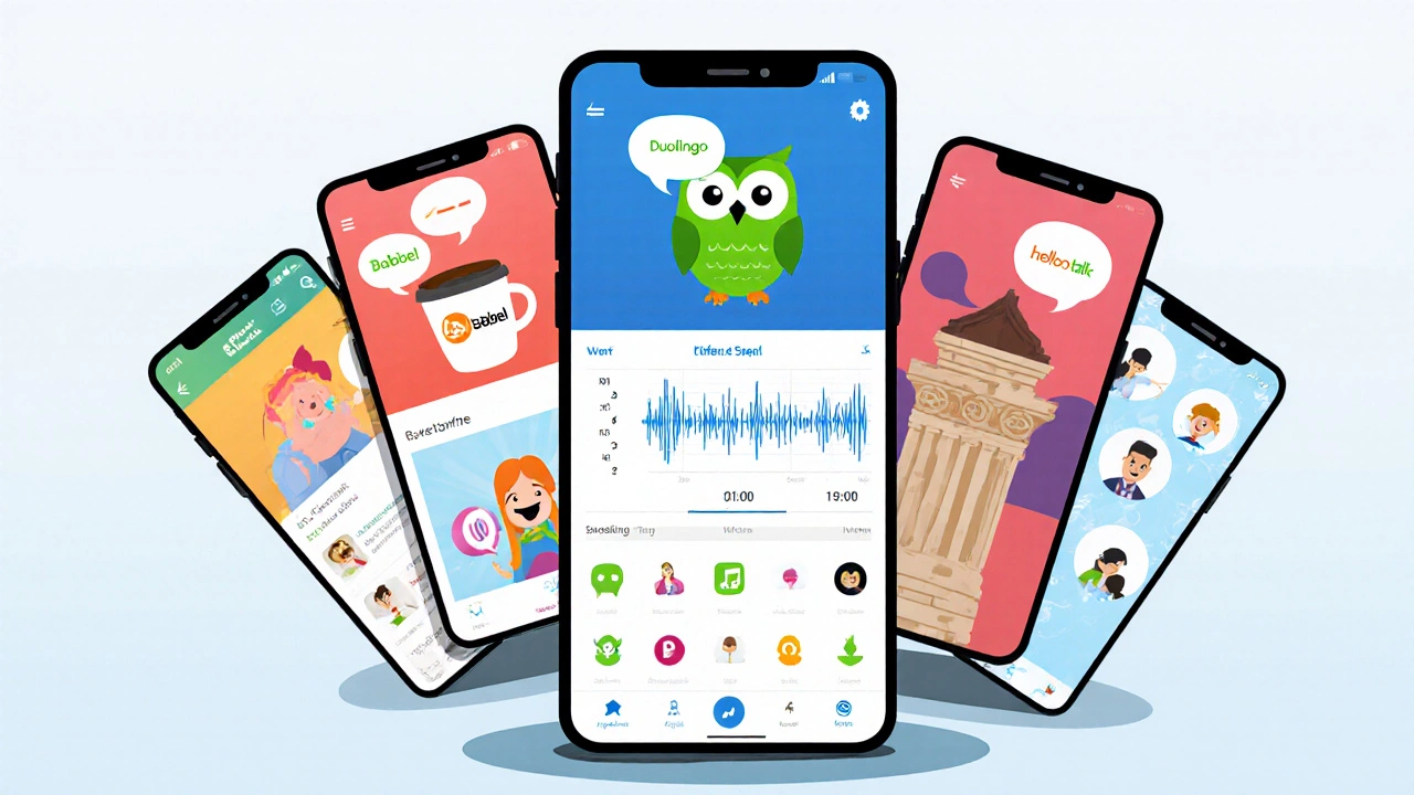Collage of five app icons each shown with a themed mini‑scene in a colorful illustration.