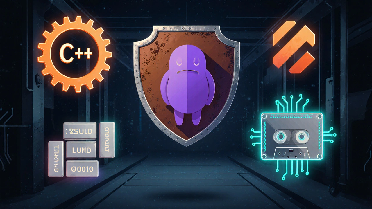 Collage of symbols for C++, Rust, Haskell, Brainfuck, and Assembly.