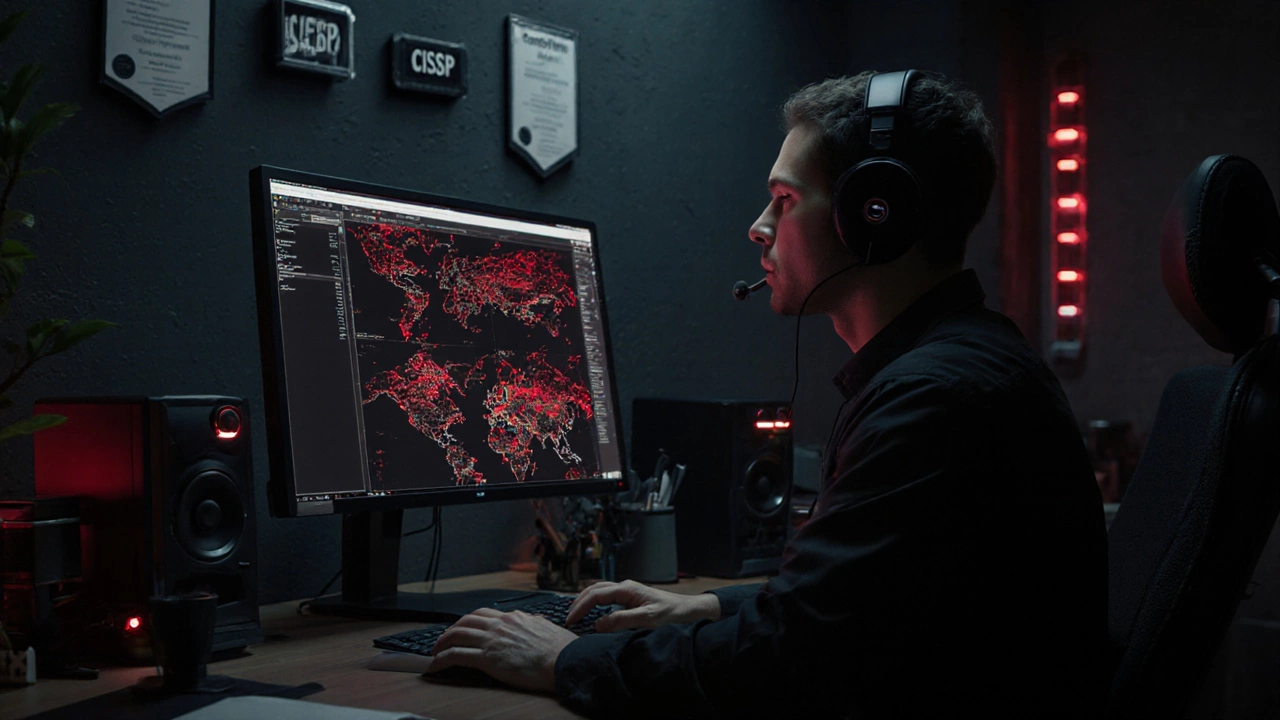 Cybersecurity analyst monitoring network traffic with certification badges on the wall.