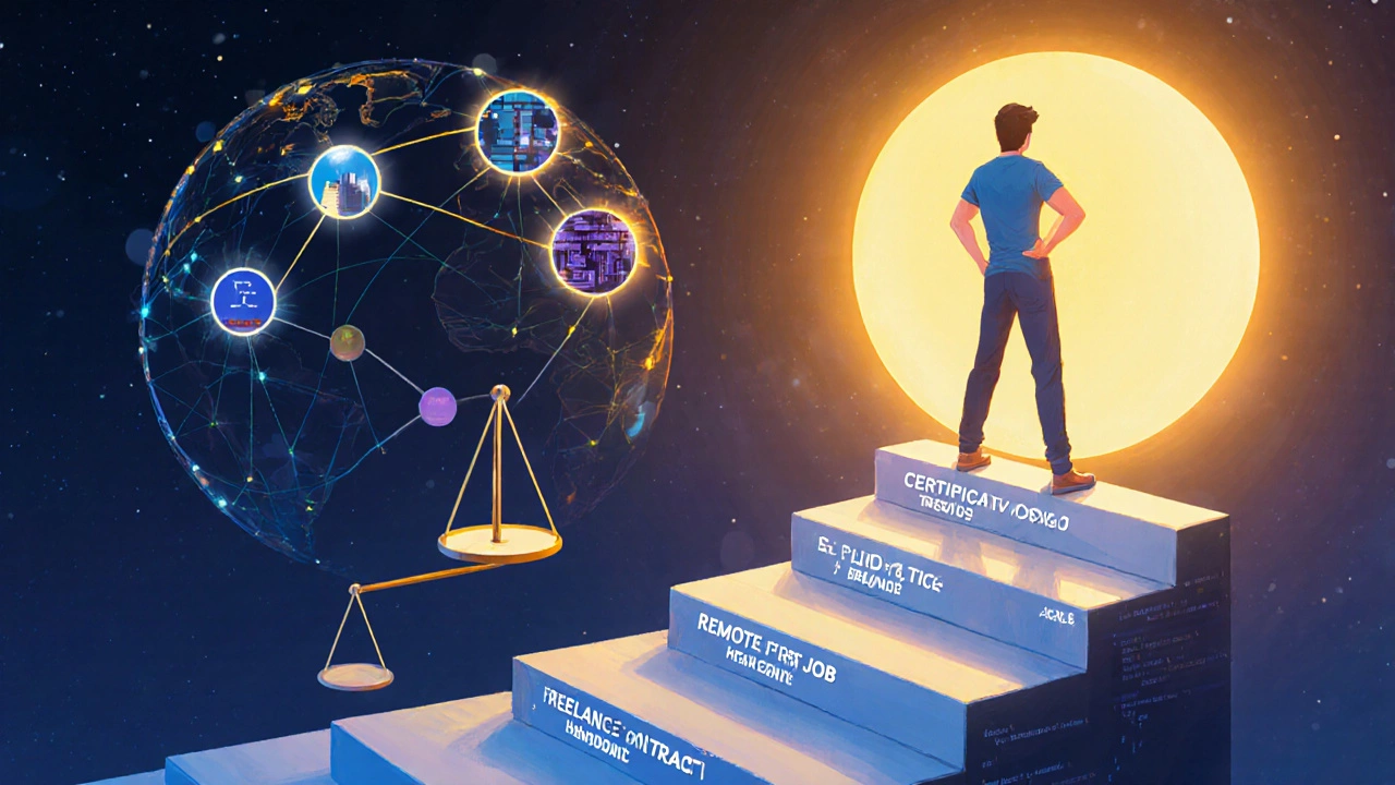 Developer climbing stairs of code milestones toward sunrise, with scale of freelance vs full-time.