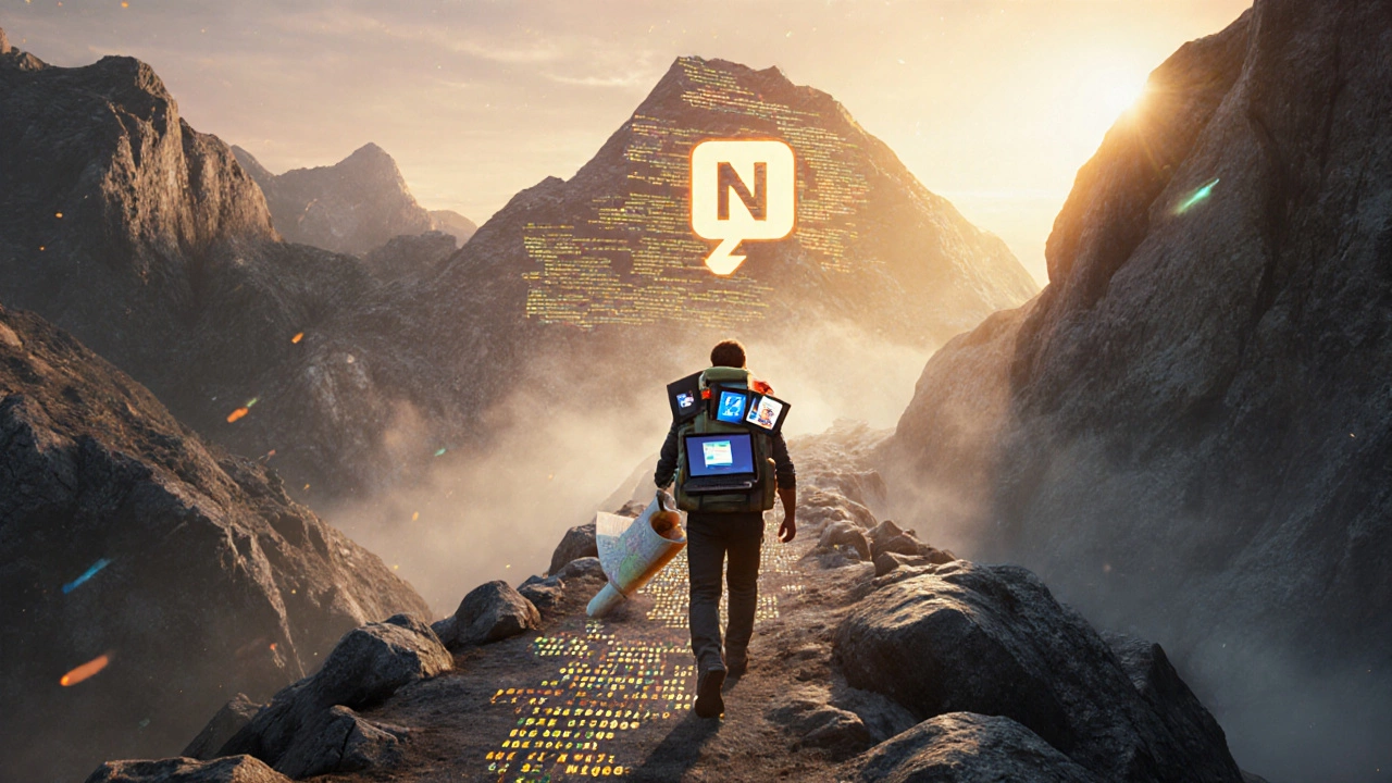 Developer trekking across a code‑mountain landscape with map and tools.