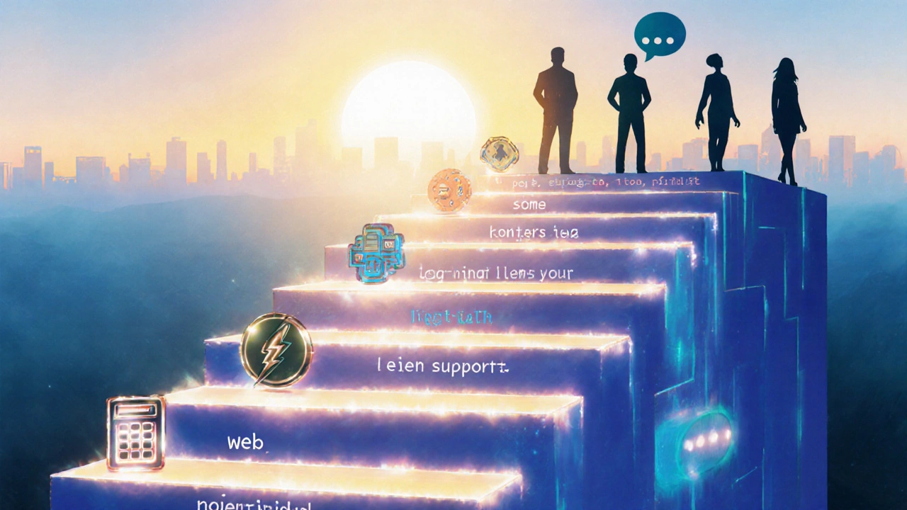 Digital painting of a glowing staircase of code steps leading to a sunrise, symbolizing progress.