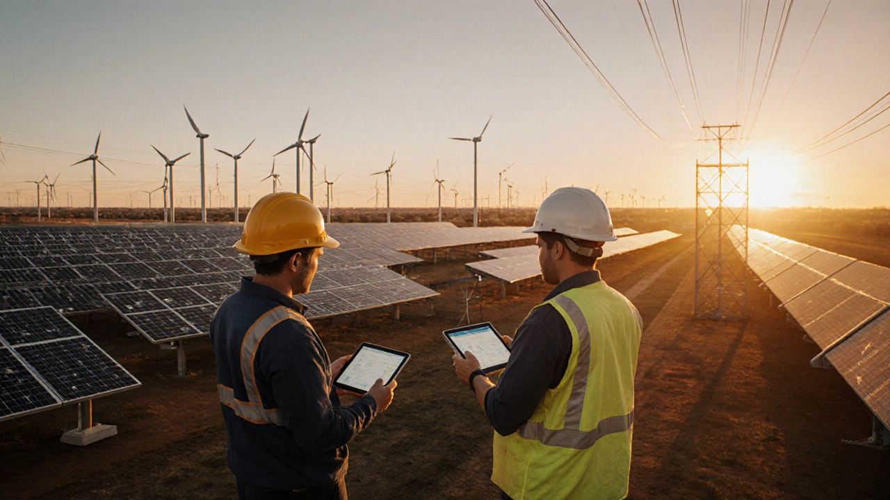 Engineers monitoring solar farm and wind turbines with tablets at sunset.