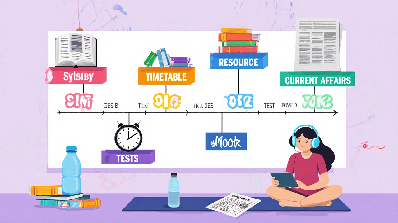 Flat‑design roadmap showing study timeline, resources, mock tests, and a student practicing health habits.