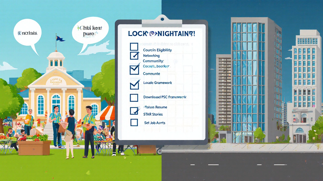 Flat‑design split scene showing local council community work versus state government office with a job‑application checklist.