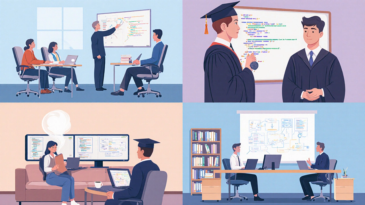 Four panels showing bootcamp, university, self‑taught, and corporate learning scenes.