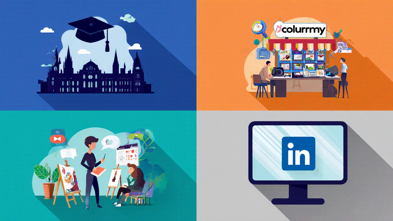 Four quadrant illustration showing Coursera university, Udemy marketplace, Skillshare studio, LinkedIn Learning office.