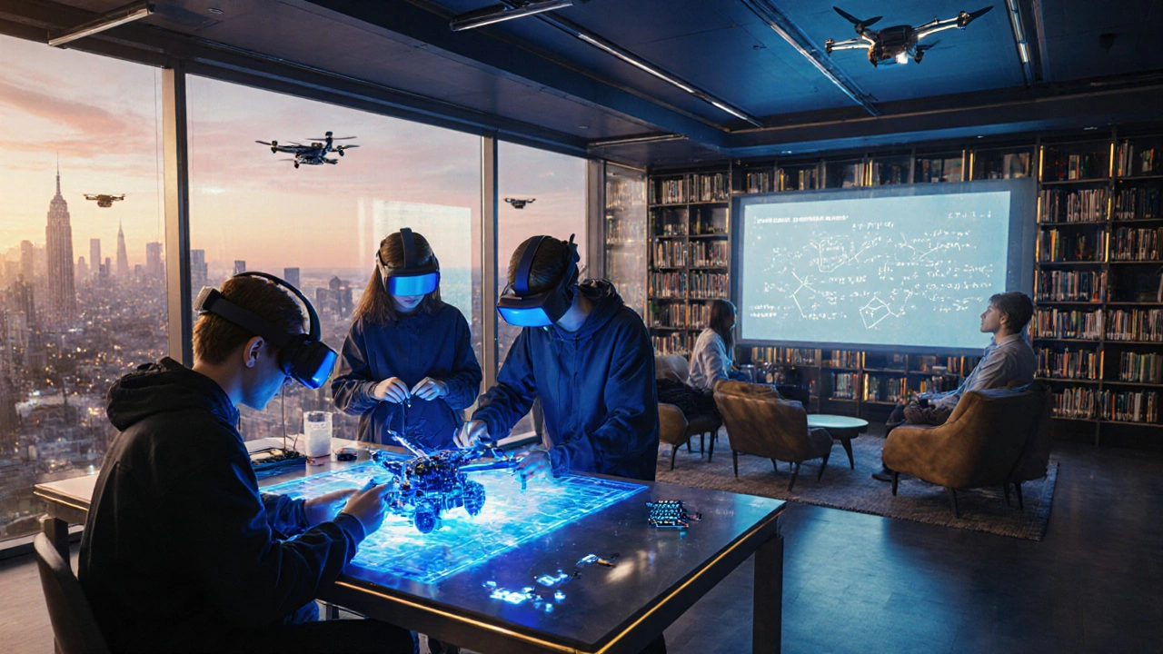 Futuristic campus showing students building a drone in a makerspace and attending a holographic lecture.