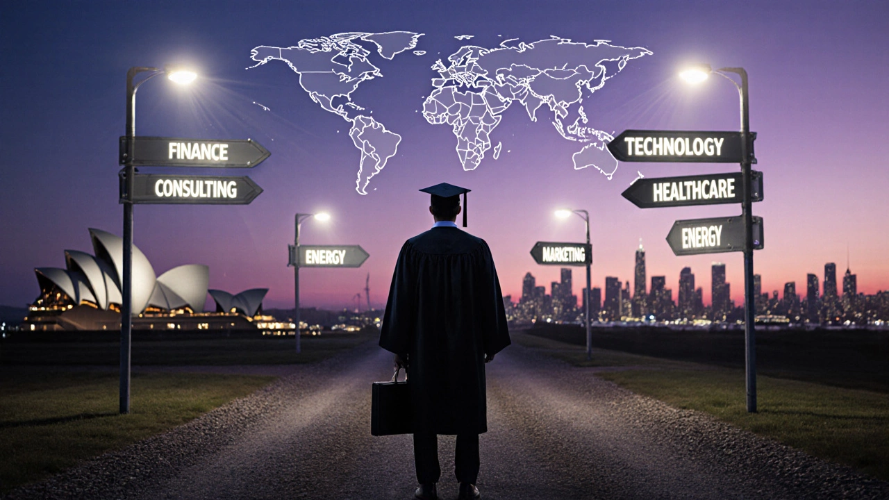 Graduate stands at dusk crossroads with signposts for different MBA specializations and city skylines.