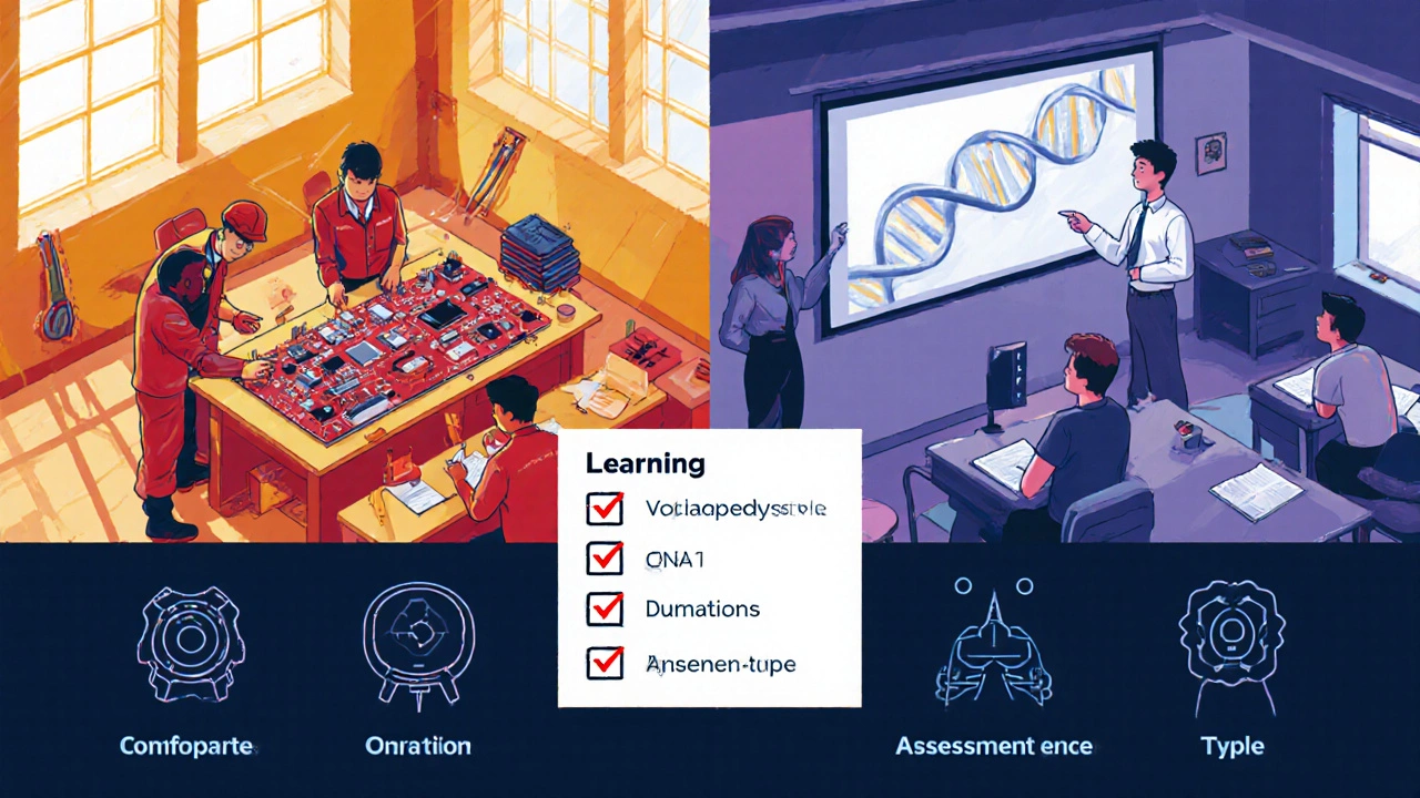 Illustrated split of a hands‑on lab with apprentices and a university classroom with a professor and notes.