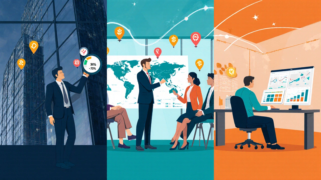 Illustrated triptych shows an investment banker, a consultant, and a tech product manager at work.