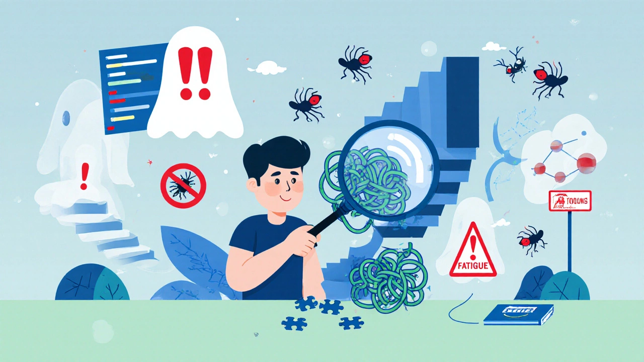 Illustration of coding challenges as puzzle pieces, bug icons, and syntax symbols around a programmer.