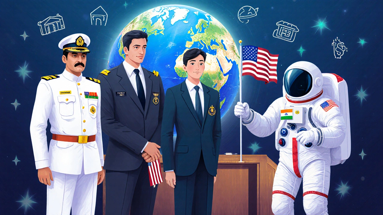 Illustration of IAS, IPS, IFS officers, a U.S. Federal Judge, and a NASA astronaut with allowance icons.