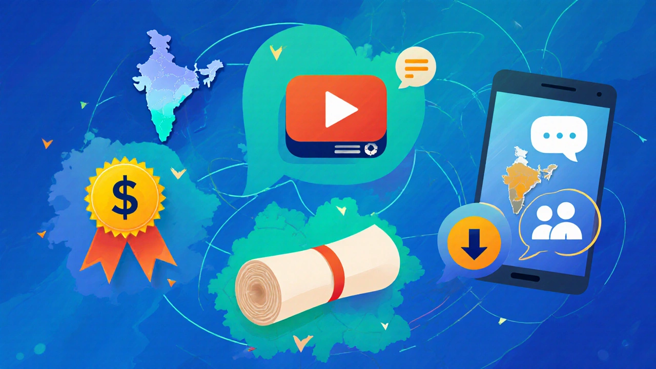 Illustration of icons for subscription, video, certificate, mobile, and community around an India map outline.