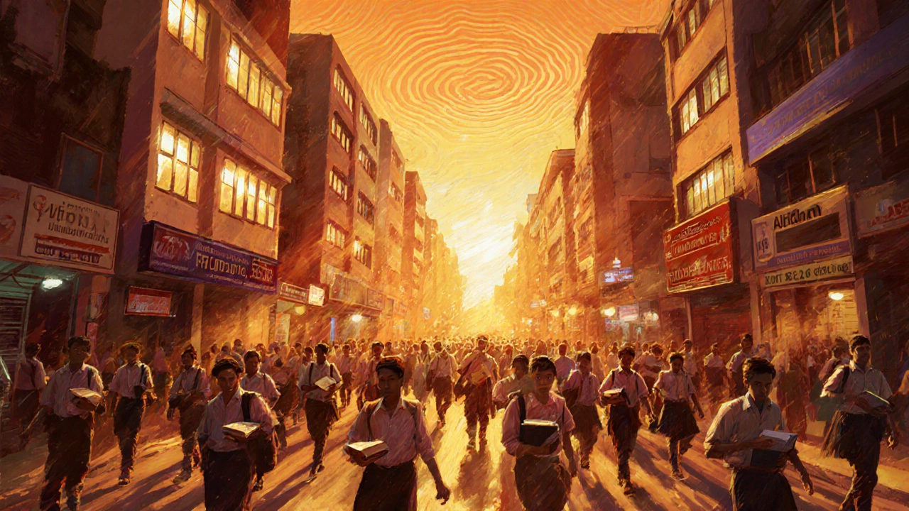 Illustration of Kota's bustling coaching street filled with students.