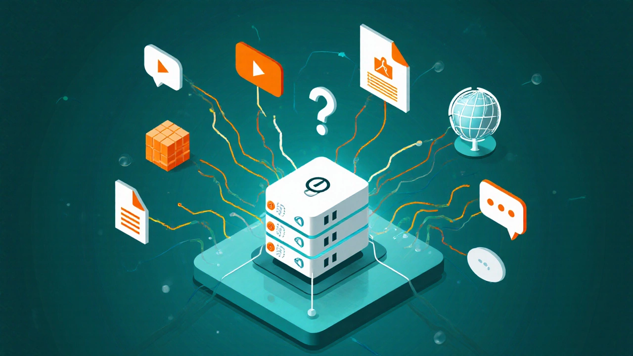 Illustration of LMS hub surrounded by video, quiz, SCORM, MOOC and chat icons.