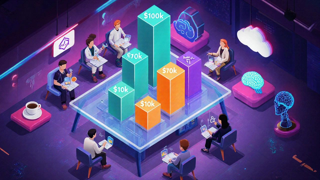 Isometric tech lounge with avatars for coding roles holding glowing salary stacks.