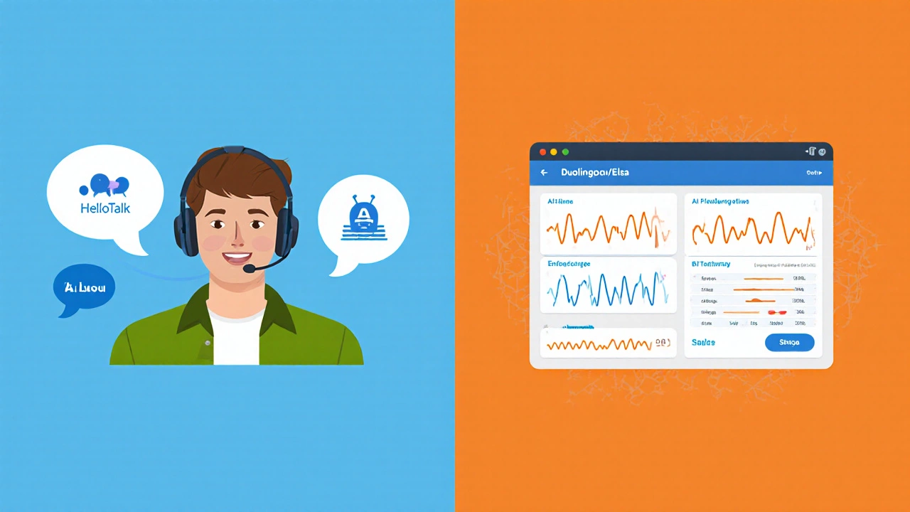 Learner on a voice call with native speaker and AI pronunciation feedback side by side.
