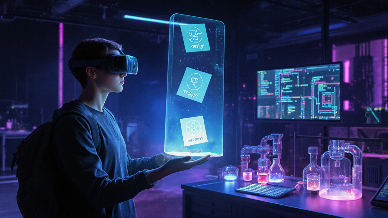 Learner with AR glasses guided by an AI hologram, surrounded by VR lab equipment.