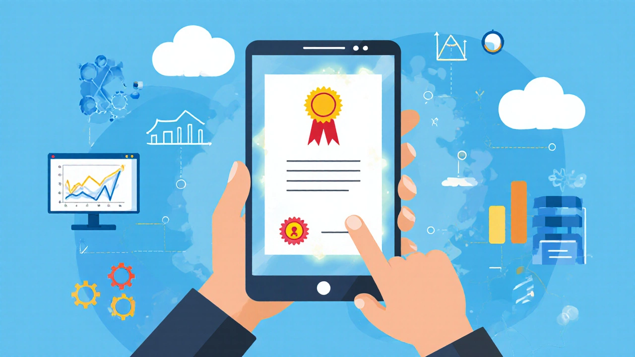 Mobile phone displaying a digital certificate with badge and analytics graphics.