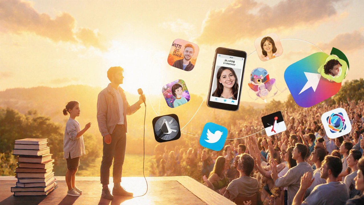 Progress timeline showing learner gaining confidence with app icons around them.