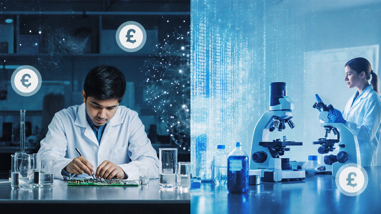 Research lab contrast: Indian student with modest equipment versus U.S. researcher with advanced gear.