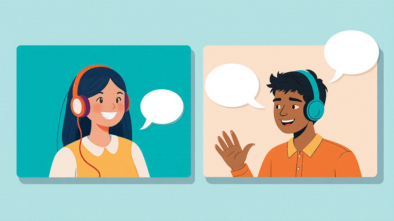Split-screen video call showing a tutor and learner engaging in conversation.