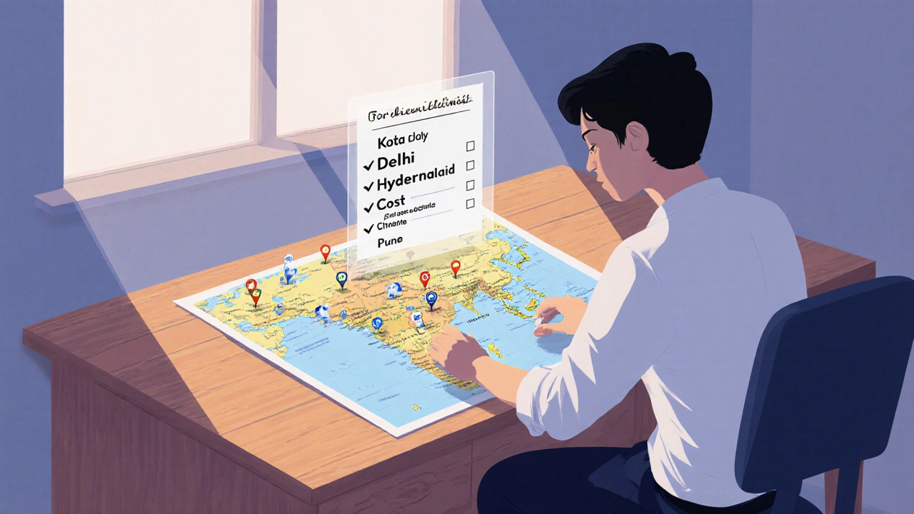 Student at a desk reviewing a map of Indian cities with a checklist.