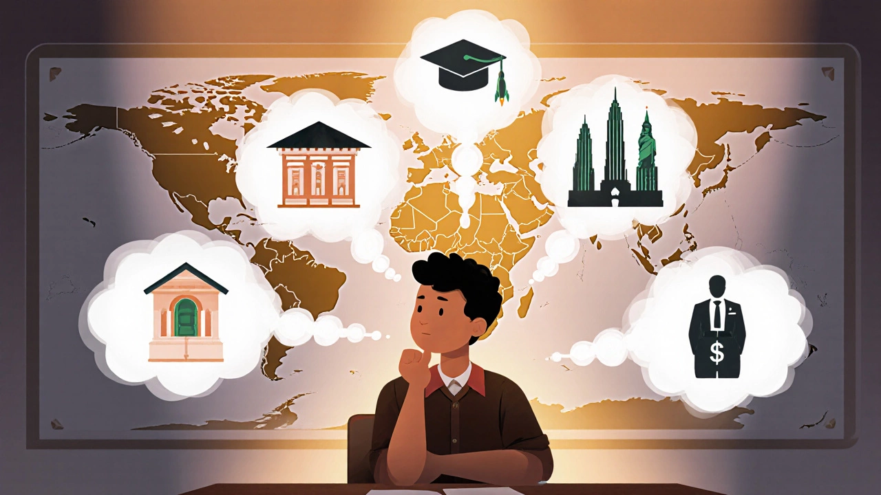 Student at desk surrounded by thought bubbles of education, career, and cultural icons from India and the U.S.