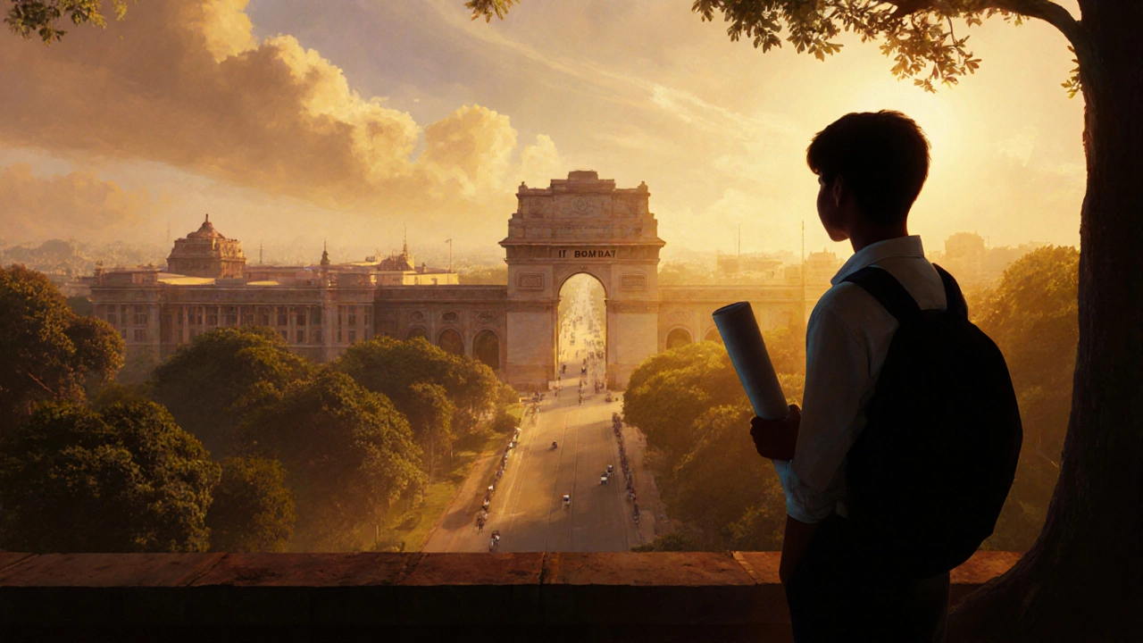 Student silhouette watching sunrise over an IIT campus, holding a scroll.
