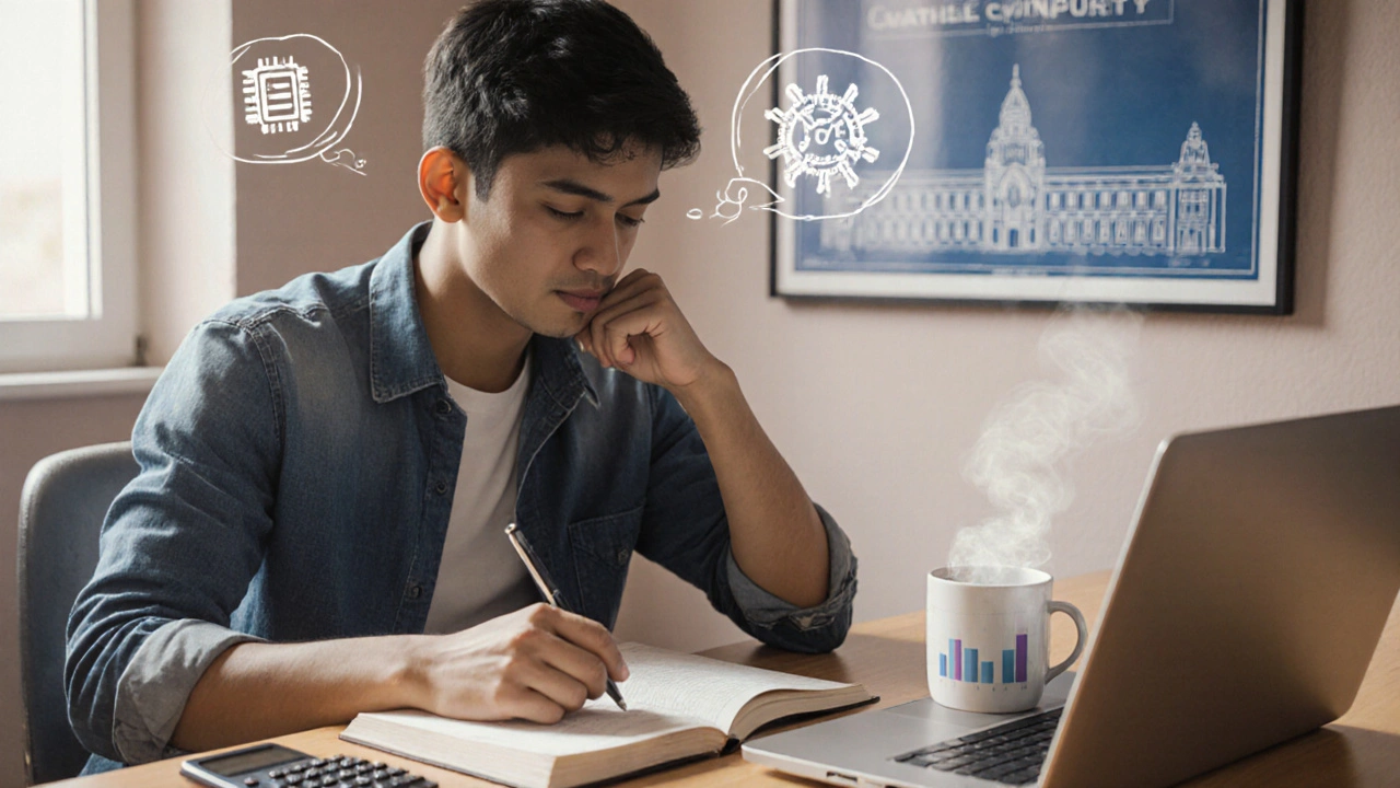 Student studying at a desk with notebooks and laptop, surrounded by engineering symbols.