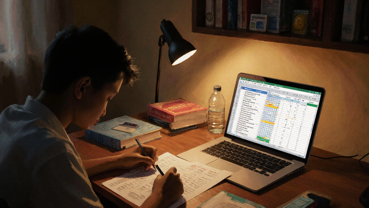 Student taking a timed mock test with error‑log spreadsheet and exam kit nearby.