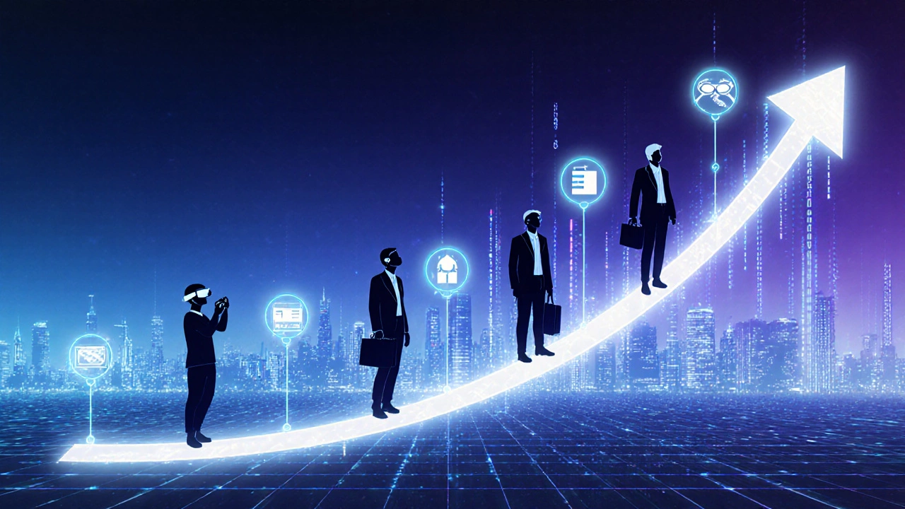 Timeline of coder silhouettes across ages linked by glowing AI symbols.