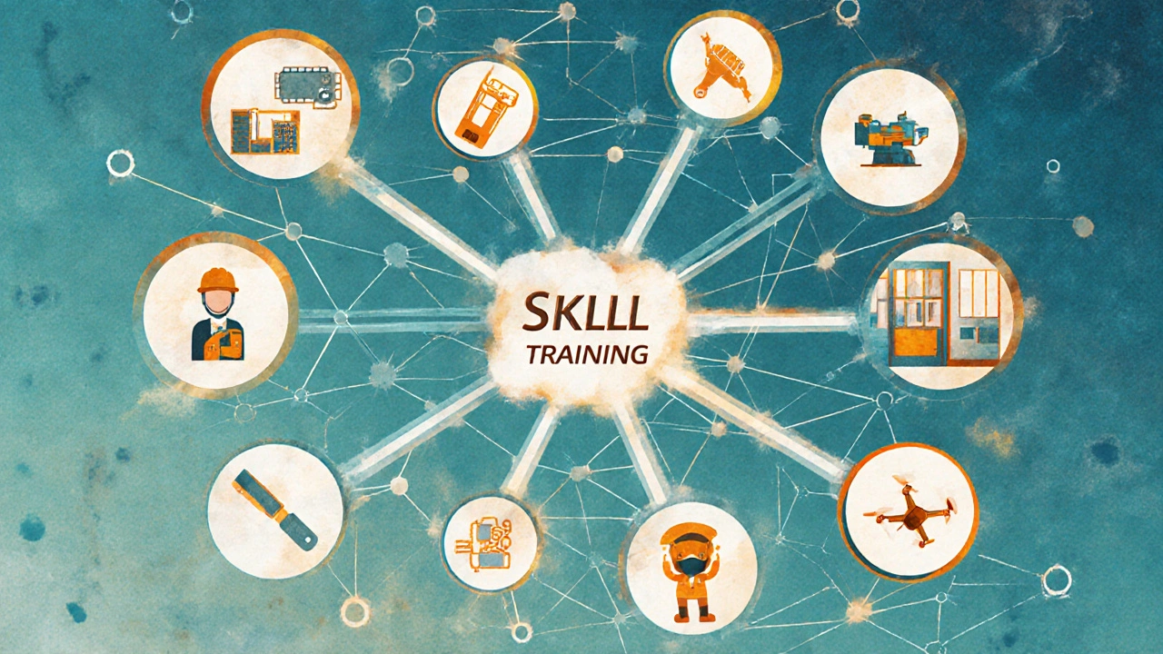 Vibrant career pathway map showing CTE jobs like electrician and cybersecurity analyst.