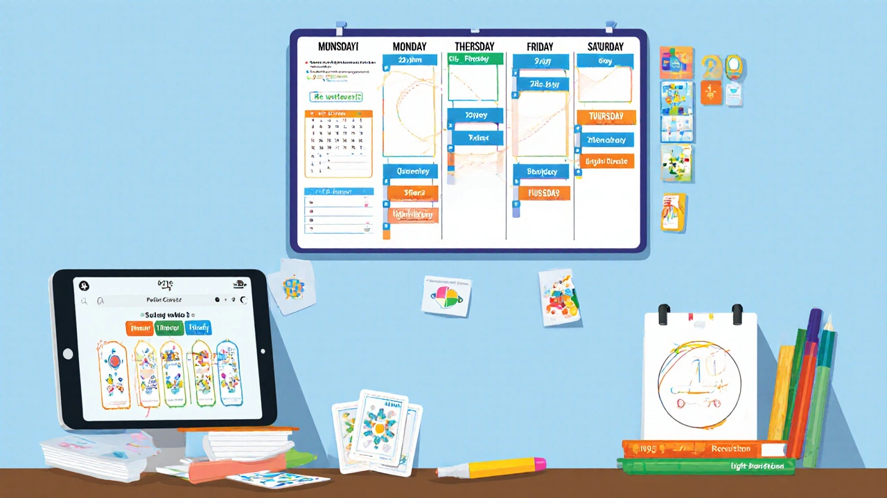 Weekly study planner with color‑coded blocks, flashcards, and question‑bank icons.
