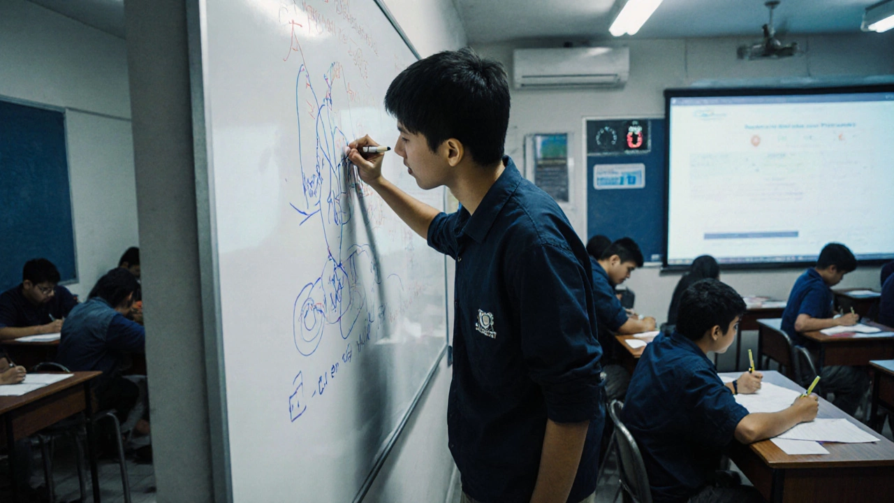 A focused student solving a physics problem at a coaching center whiteboard.