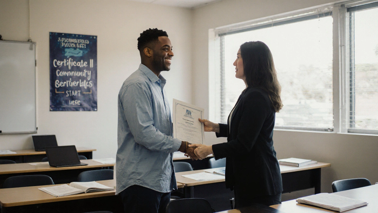 A former inmate receiving a community services certificate in a TAFE classroom.