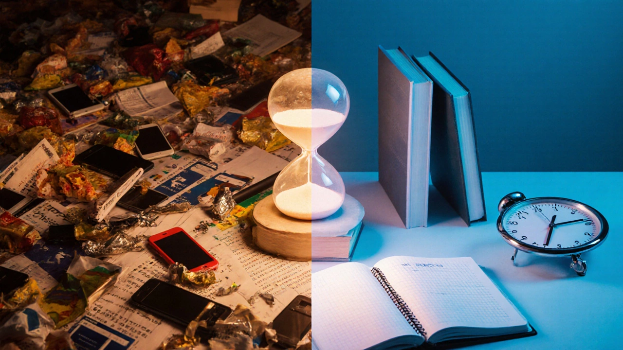 A split image showing chaotic distractions versus organized study habits.