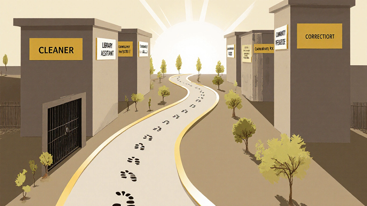 A symbolic path leading from a prison gate to government job opportunities under sunlight.