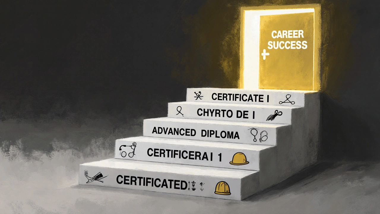 A symbolic staircase of vocational certificates leading to a glowing door marked &#039;Career Success&#039;.