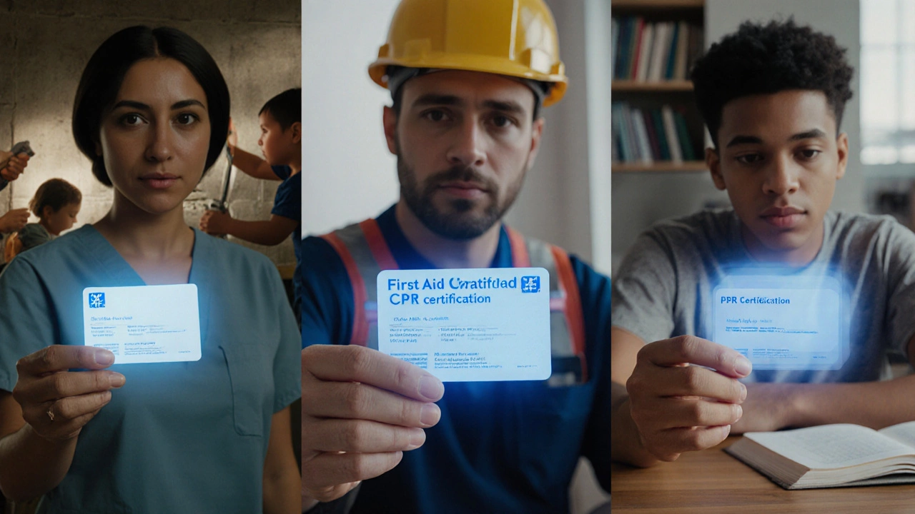 Diverse individuals holding First Aid and CPR certification cards in different work settings.