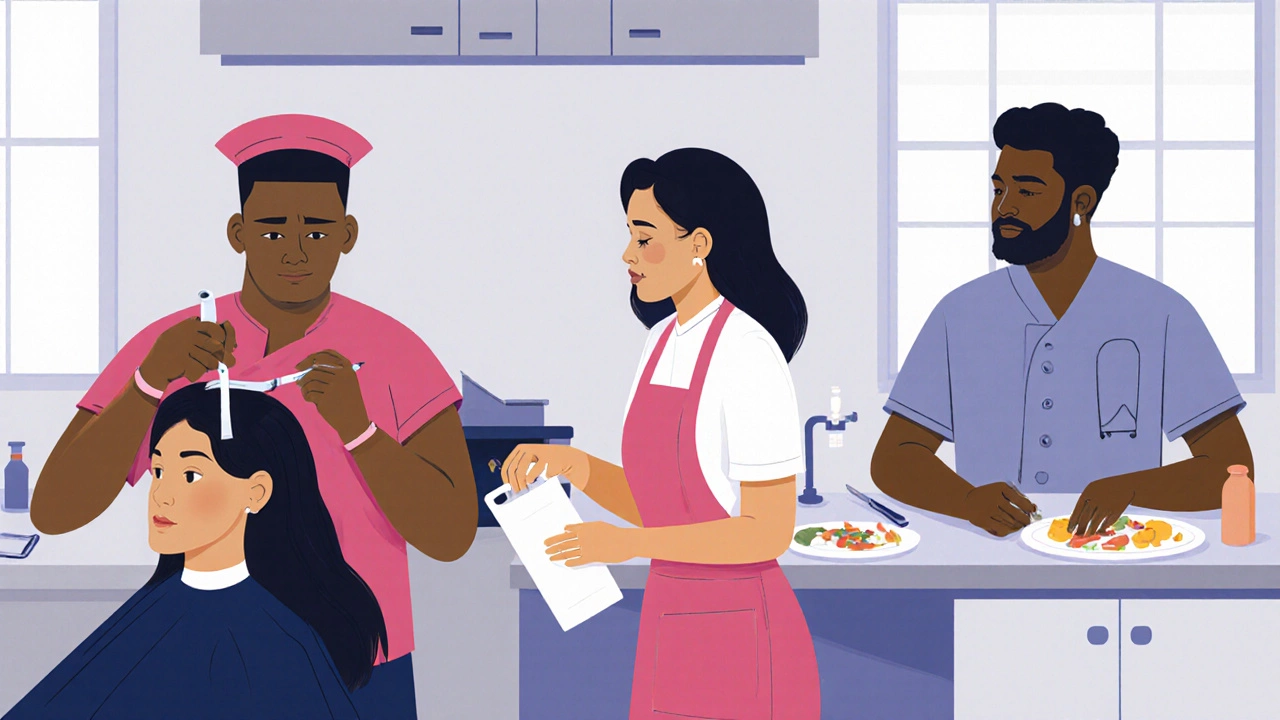 Diverse individuals practicing skilled trades: hairdressing, cooking, and patient care in real-world settings.