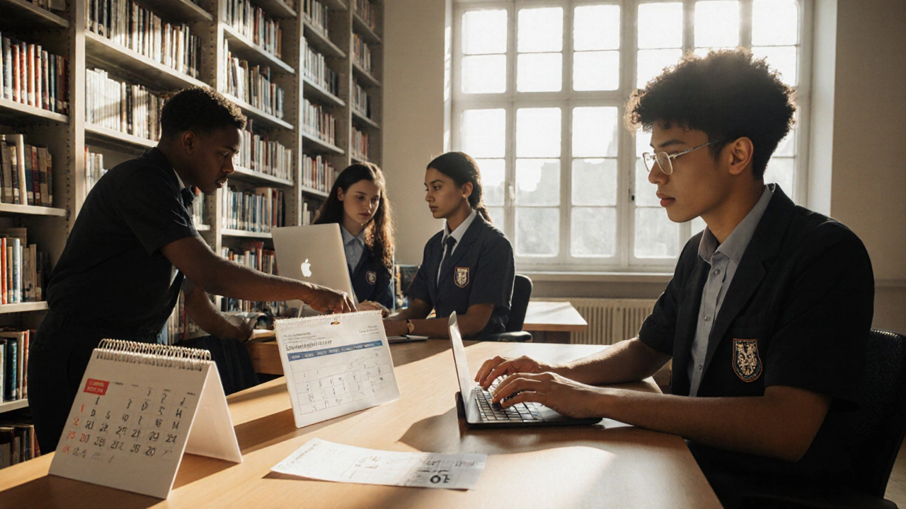International students working part-time in a university library, focused and determined.