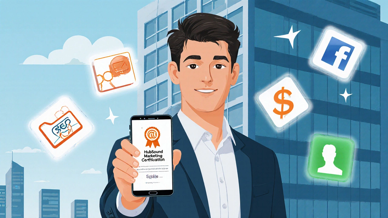 Professional showing HubSpot Inbound Marketing certification badge on smartphone.